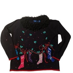 Karen Scott Sport Beaded & Appliquéd Christmas Stocking Sweater size Med…